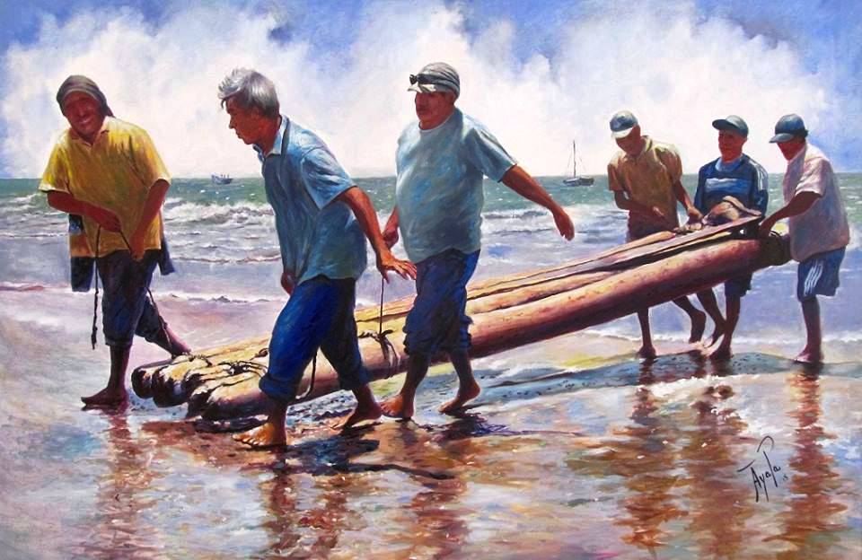 Obra: Balseros, óleo de 150 x 100 cm. (2014)